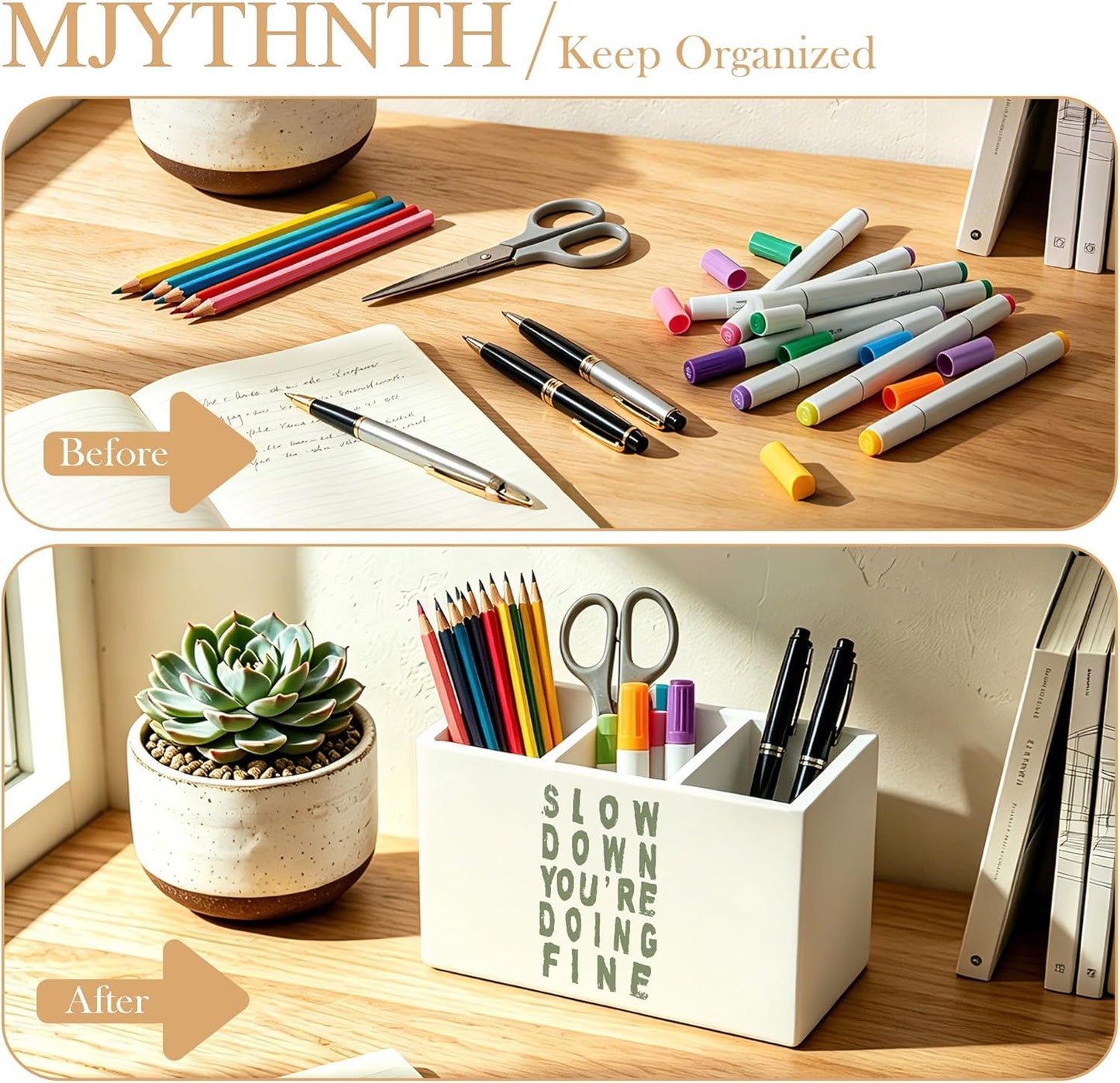 Don't Overthink It Inspirational Pencil Pen Holder for Desk, Pink Positive Affirmations Wooden Box Sign Pen Holder Organizer for Home Office School Desk Accessories