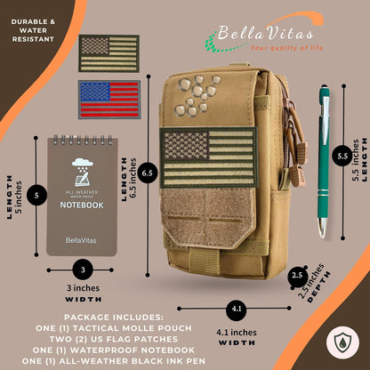 Tactical Molle Pouch Small Notebook Cover EDC Utility Bag Tool Pouch Gadget Organizer Military Waist Bag with US Flag Patch, 3”x5” Waterproof Notepad Pocket Notebook and Weatherproof Pen