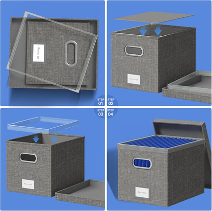 File Organizer Box - File Boxes for Hanging Files with Lid Set of 2 Decorative Hanging Folders Letter Size Organizer with One-Piece Plastic Frame Slides (Grey, 13.2 * 10.1 * 10.1in(2Pack))