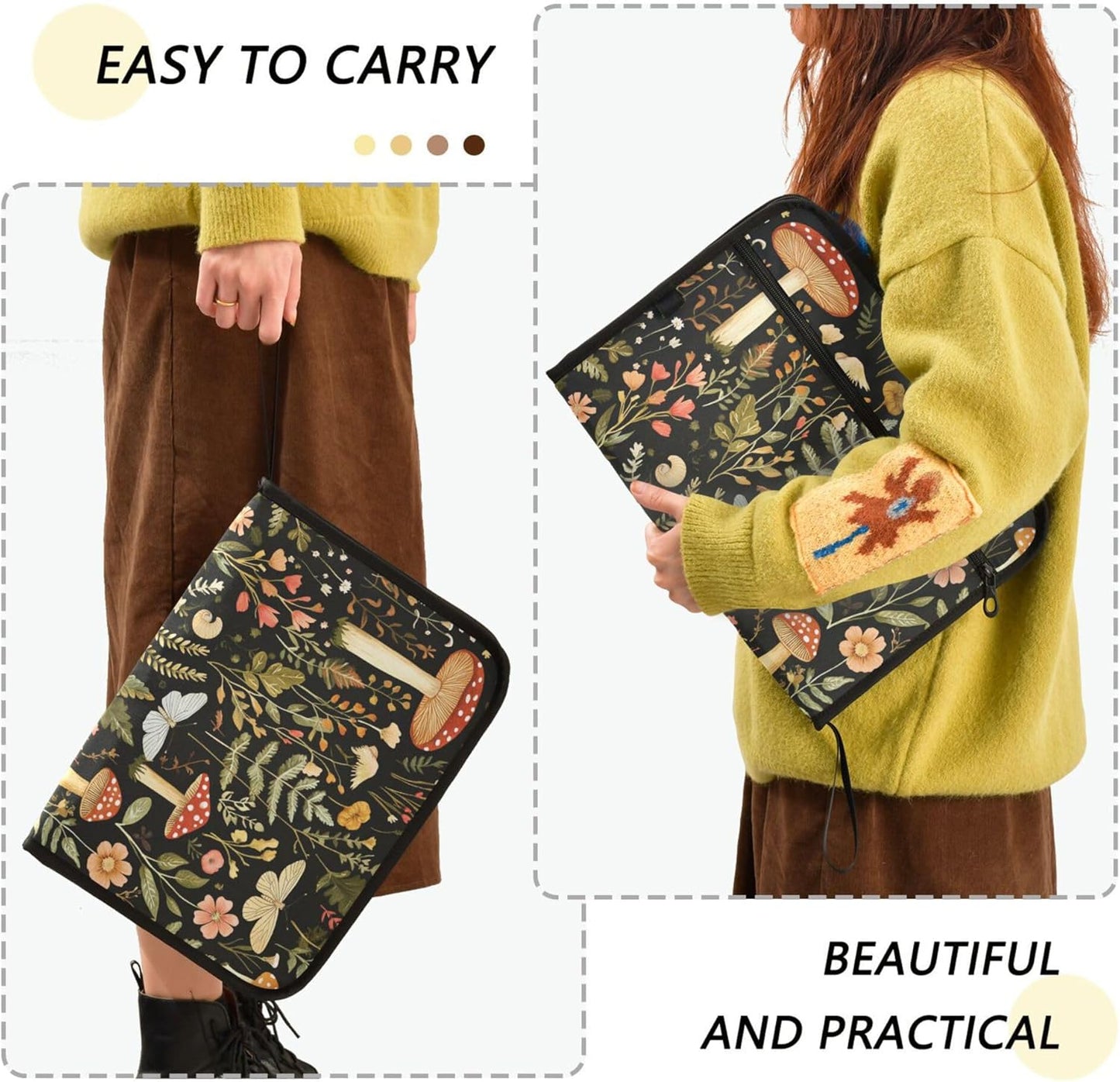 Mushroom Botanical Dragonflies Butterflies Expanding File Folder with Sticky Labels, 13 Pockets Accordion File Folder Document Organizer Expandable Zip File Folder with Zipper Closure