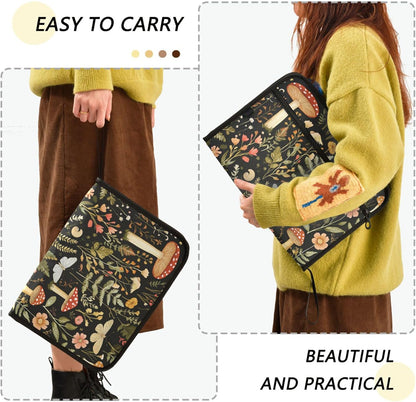Mushroom Botanical Dragonflies Butterflies Expanding File Folder with Sticky Labels, 13 Pockets Accordion File Folder Document Organizer Expandable Zip File Folder with Zipper Closure