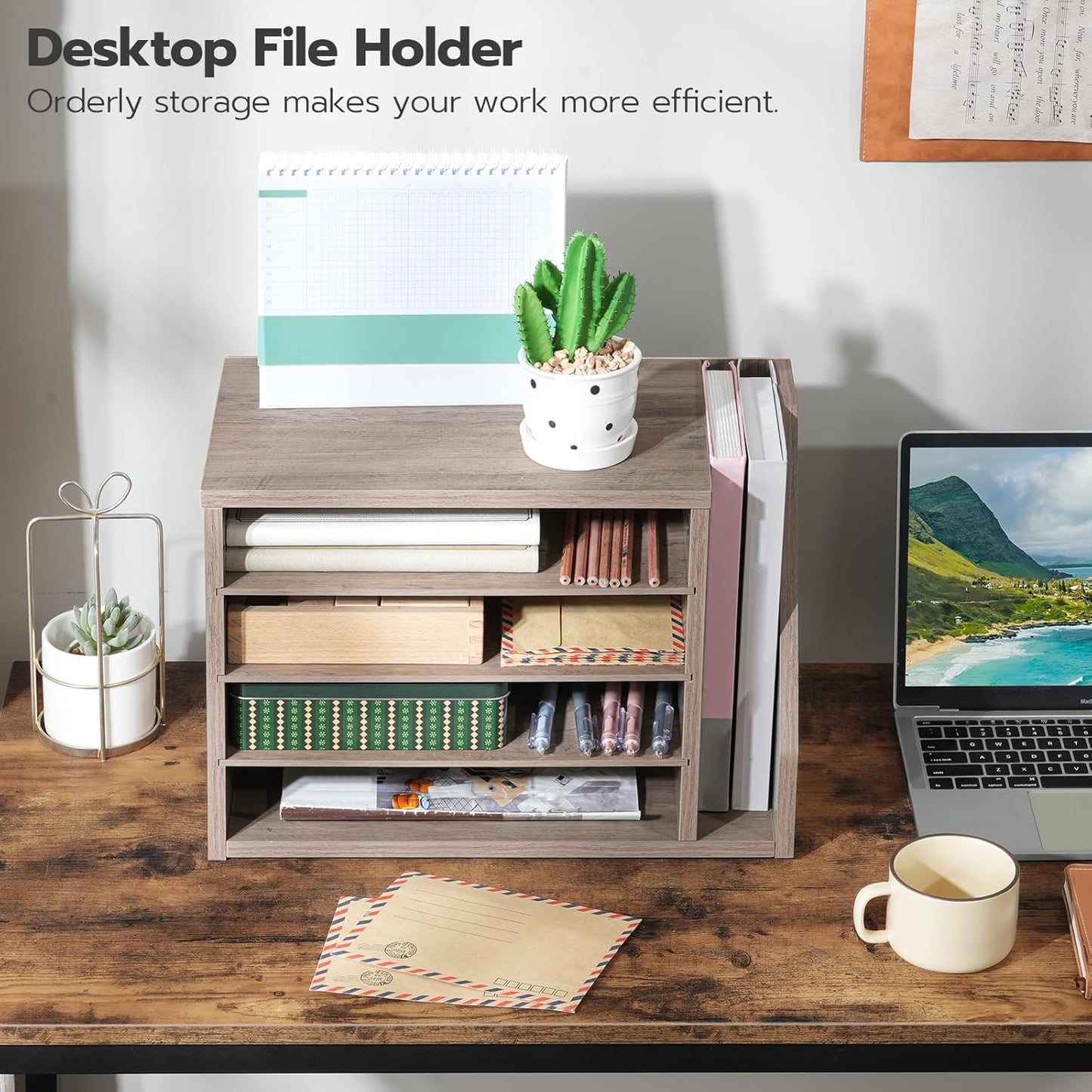 HOOBRO Mail Sorter, Literature Organizer with Adjustable Shelves, Paper Organizer for Office, Home, Wood Countertop File Holders, Mails, Magazines, Rustic Brown FG41WF01