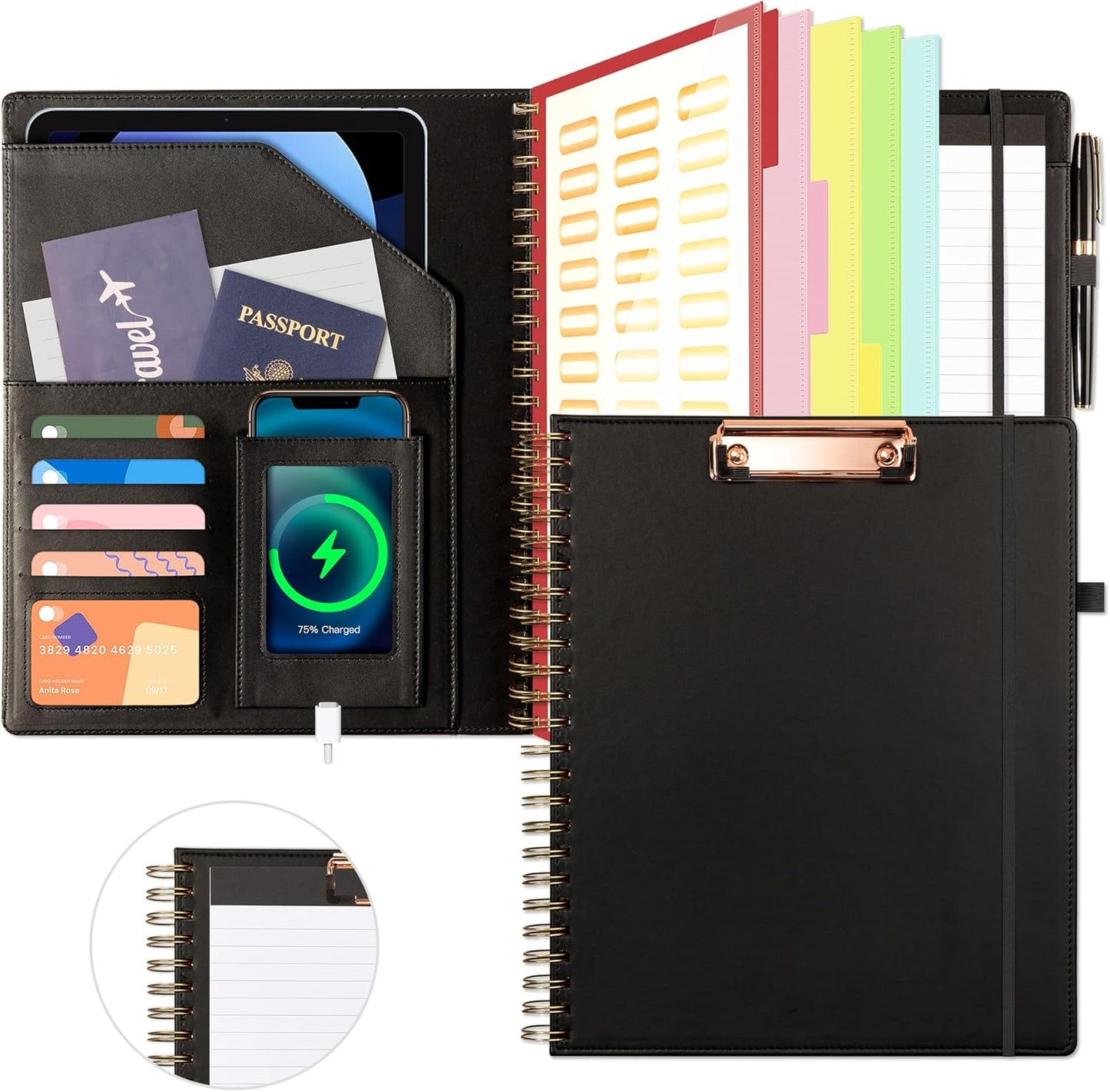 Ospelelf Clipboard with Storage for Women, Leather Padfolio Portfolio Organizer 5 Folders with 10 Pockets, Spiral Clipboard Folio with Notepad for Letter Size, Elastic Closure and Pen Loop Floral