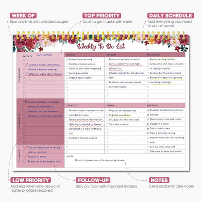 Taja Weekly To Do List Notepad with 52 Undated Sheets（8.5"×11"）- Weekly Desk Planner for Women & Man, Work and Home -1 Pack Violet Dream