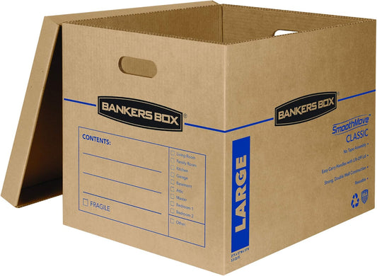 Bankers Box Classic Moving Box 12 Pack Kit, Reinforced Handles, Tape-Free Assembly, Box with Lid, 8 Small and 4 Medium Boxes (7716401)