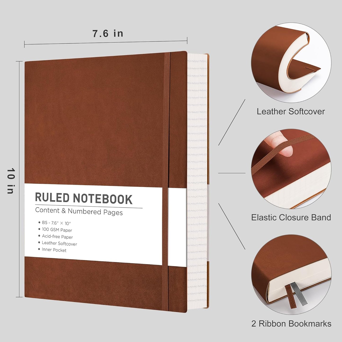 RETTACY Lined Journal Notebook, 2-Pack, 204 Numbered Pages per Pack, B5 Medium 7.6" × 10", Leather Softcover, 100 GSM Thick Paper, for Writing, Work, School (Black & Dark Green)