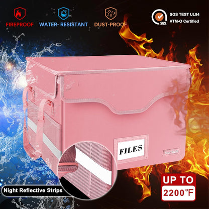 DocSafe Fireproof Document Box with Lock, File Storage Organizer with Mesh Pockets, Collapsible Portable File Box Home Office Safe Filing Cabinet with Handle for Hanging Letter/Legal Folder, Black