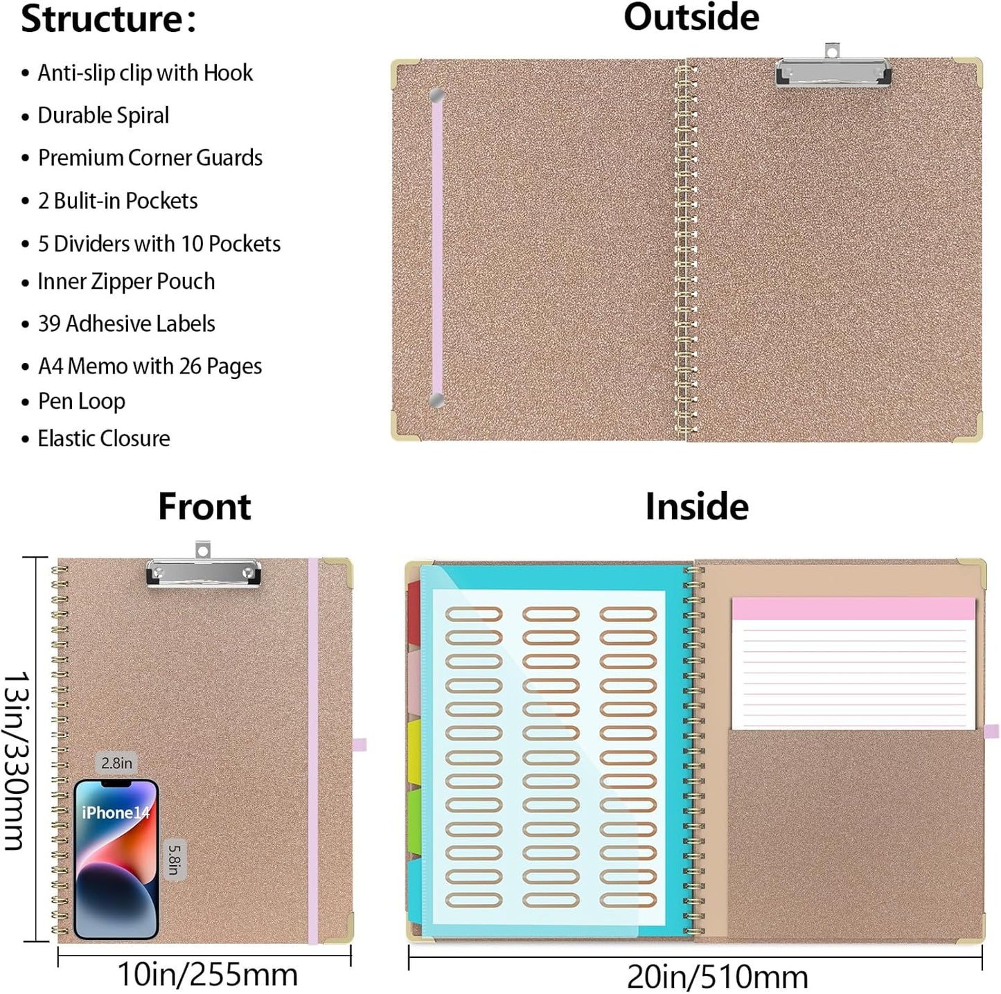 Clipboard Folio with Storage Clipboards Padfolio Notebook for Letter Size (11" x 8.5"), Pink Clipboards with 10 Pockets and 5 Folders Nursing Teacher School Essentials (Stay Positive)