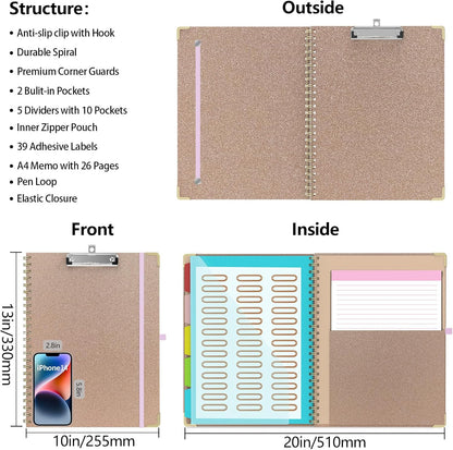 Clipboard Folio with Storage Clipboards Padfolio Notebook for Letter Size (11" x 8.5"), Pink Clipboards with 10 Pockets and 5 Folders Nursing Teacher School Essentials (Stay Positive)