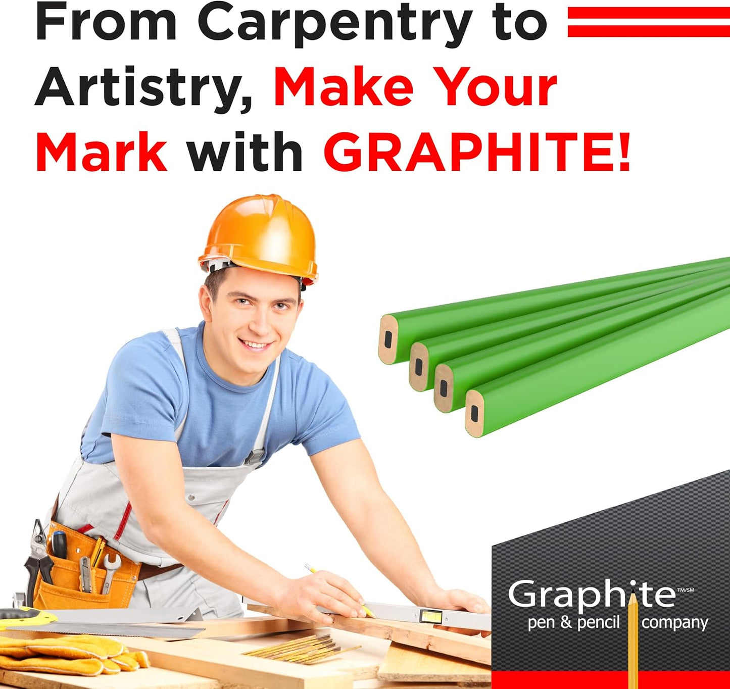 GRAPHITE Hard Lead Carpenter Pencils Bulk - (1) Pack of 12 Pieces Lumber Wooden Pencil #2 (HB) - Red