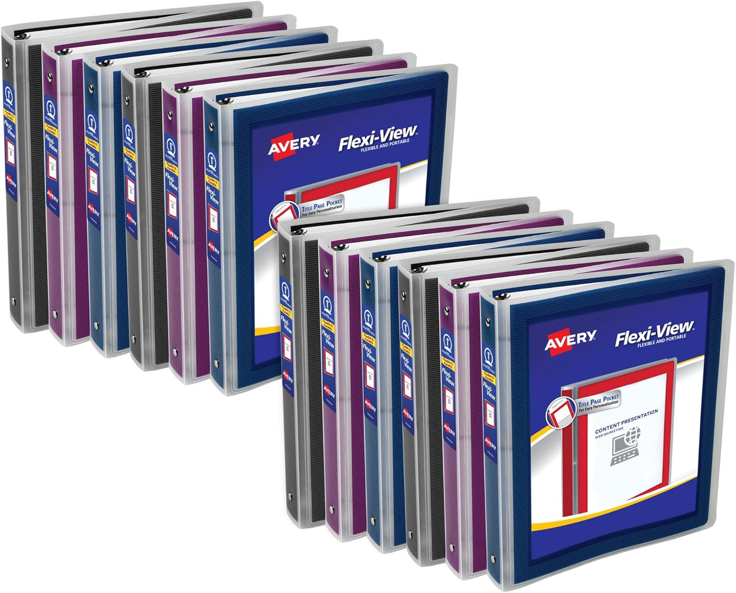 Avery Flexi-View 3 Ring Binders, 1 Inch Round Rings, Assorted Colors (Black, Burgundy, Navy Blue), Pack of 12 Binders (17688)