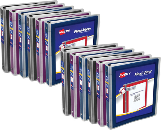 Avery Flexi-View 3 Ring Binders, 1 Inch Round Rings, Assorted Colors (Black, Burgundy, Navy Blue), Pack of 12 Binders (17688)