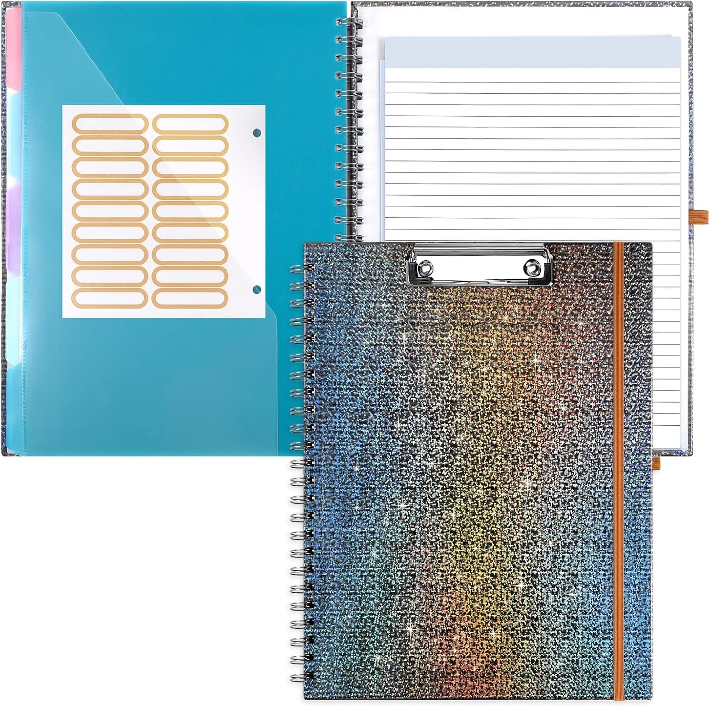 Glitter Clipboard Notebook with Storage for Letter Size, 8.5 x 11 Notepad Holder with 5 Folders and Dividers, Size 12.8X 9.7 in, Spiral Portfolio for Nursing Teacher School Supplies,.Teal