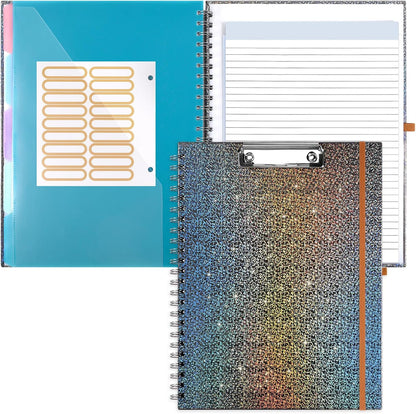 Glitter Clipboard Notebook with Storage for Letter Size, 8.5 x 11 Notepad Holder with 5 Folders and Dividers, Size 12.8X 9.7 in, Spiral Portfolio for Nursing Teacher School Supplies,.Teal
