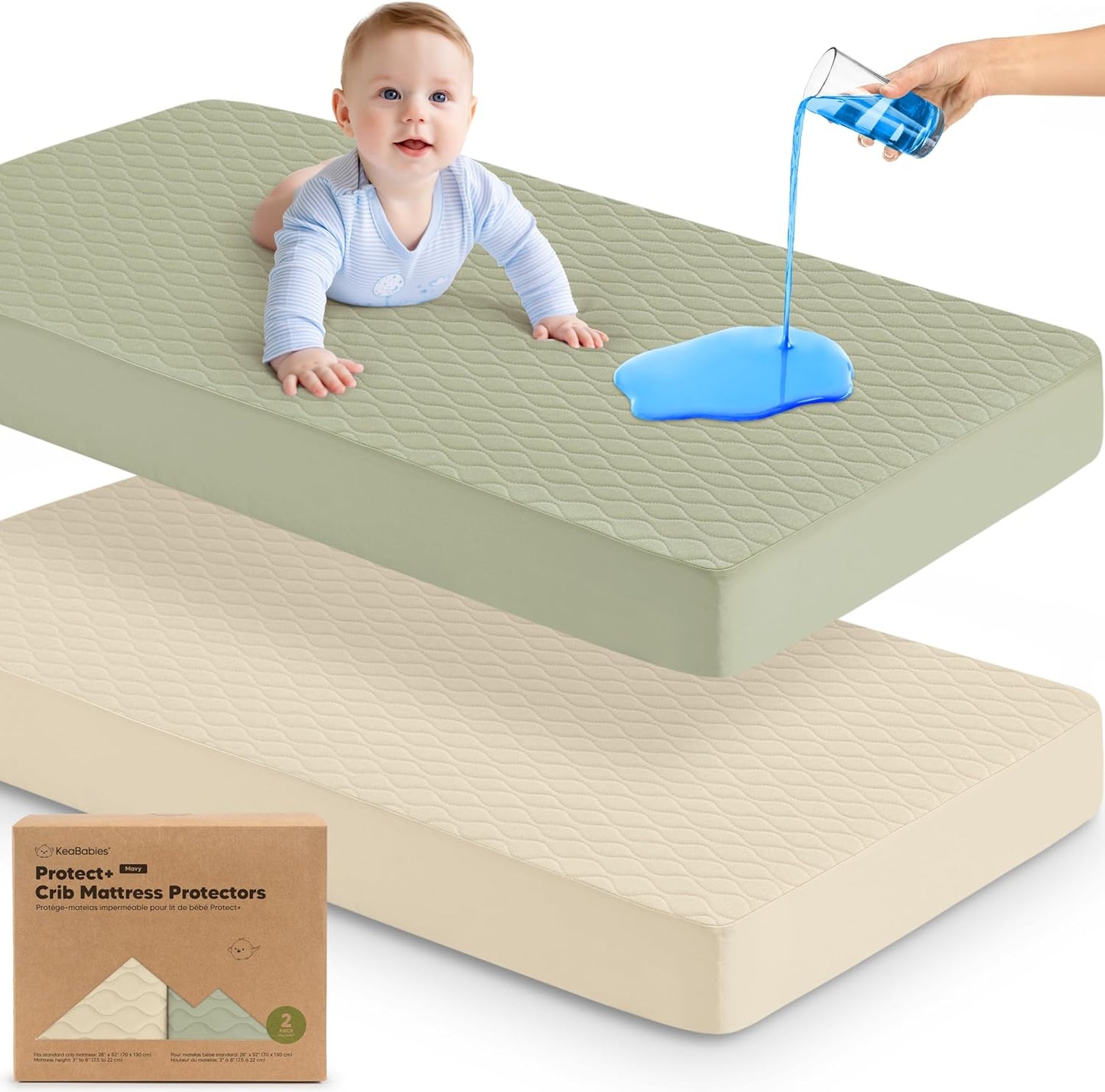 2-Pack Waterproof Crib Mattress Protector Cover Fitted - Quiet Baby Crib Mattress Pad Sheets, 52" x 28" Soft Quilted Cotton Baby Sheet, Machine Washable, Easy Fit, Durable (Soft White/Mavy)