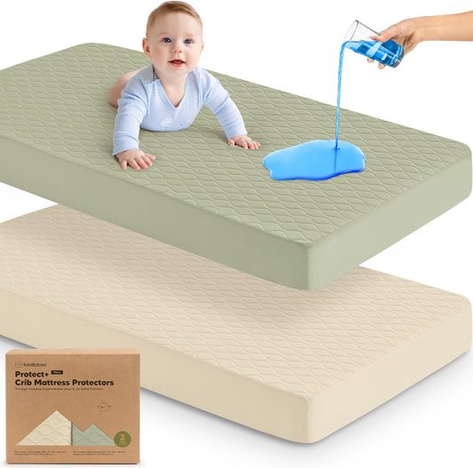 2-Pack Waterproof Crib Mattress Protector Cover Fitted - Quiet Baby Crib Mattress Pad Sheets, 52" x 28" Soft Quilted Cotton Baby Sheet, Machine Washable, Easy Fit, Durable (Soft White/Mavy)
