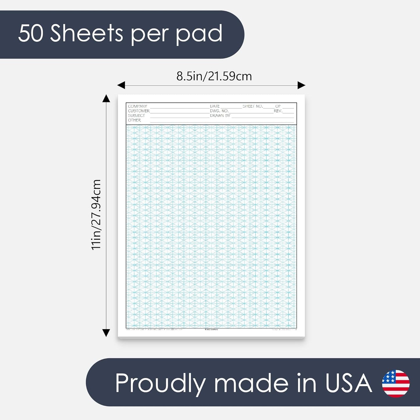 GeekNavy 8.5" x 11" Isometric Graph Paper 50 Sheets Portrait - 0.25" Grid, Non-photo Blue, High Brightness, Drafting, Engineering, Art, 3D Design (1-Pack)