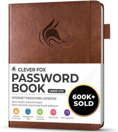 Clever Fox Password Book with alphabetical tabs. Internet Address Organizer Logbook. Small Pocket Password Keeper for Website Logins (Orange)