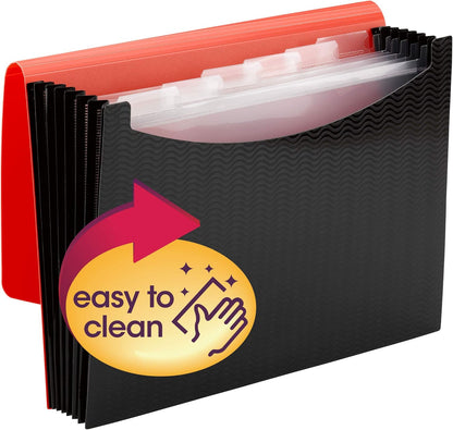 Smead Poly Frequency Expanding File Folders, Flap and Cord Closure, Letter Size, Wave Pattern, 13 Pocket, Red/Black (70866)