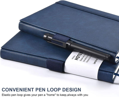 Lemome Thick Classic Notebook with Pen Loop A5 College Ruled Hardcover Writing Notebook with Pocket + Page Dividers Gifts, Banded, Large, 180 Pages, 8.4 x 5.7 in