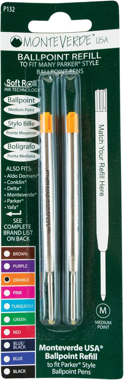 Monteverde Soft Roll Ballpoint Pen Refills to Fit Parker-Style Pens, Medium Point, Brown, 2-Pack, Smooth Writing Technology for Parker, Conklin, Schmidt, and More