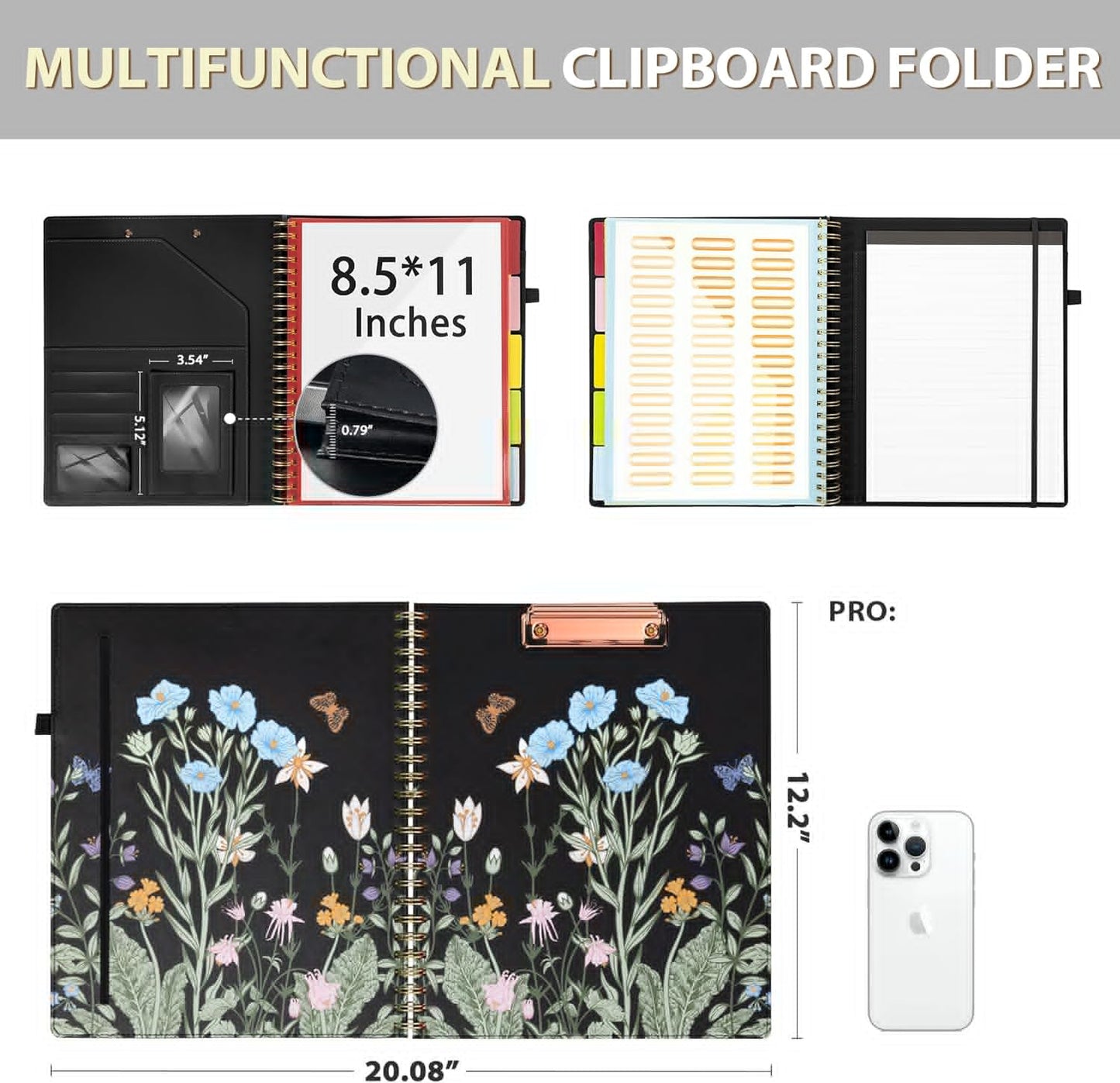 Ospelelf Clipboard with Storage for Women, Leather Padfolio Portfolio Organizer 5 Folders with 10 Pockets, Spiral Clipboard Folio with Notepad for Letter Size, Elastic Closure and Pen Loop Floral