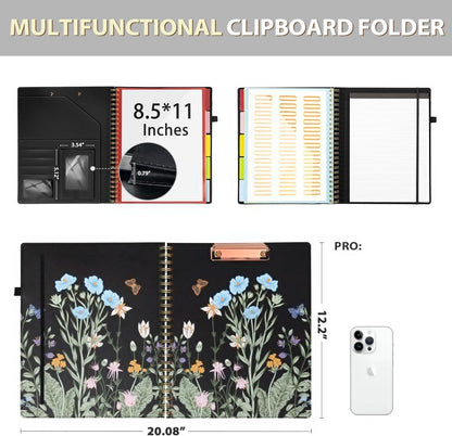 Ospelelf Clipboard with Storage for Women, Leather Padfolio Portfolio Organizer 5 Folders with 10 Pockets, Spiral Clipboard Folio with Notepad for Letter Size, Elastic Closure and Pen Loop Floral