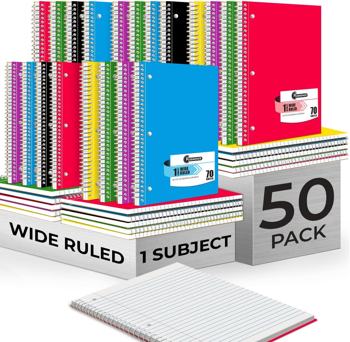 Rosmonde Spiral Notebooks, 12 Pack, 1 Subject Notebook, Wide Ruled, 70 Sheets, 8 x 10-1/2", 3 Hole Punched, School Supplies, Bulk Single Subject Spiral Notebook Bulk, Assorted Colors Pack of Notebooks