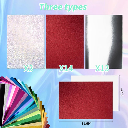 30 Pack Metallic Glitter Cardstock Paper Sheets, 8" x 12" Color Foil Mirror Shimmering Paper 250gsm/92lb For Arts and Crafts, Decorative, Weddings & Birthdays Invitations, Scrapbook Supplies
