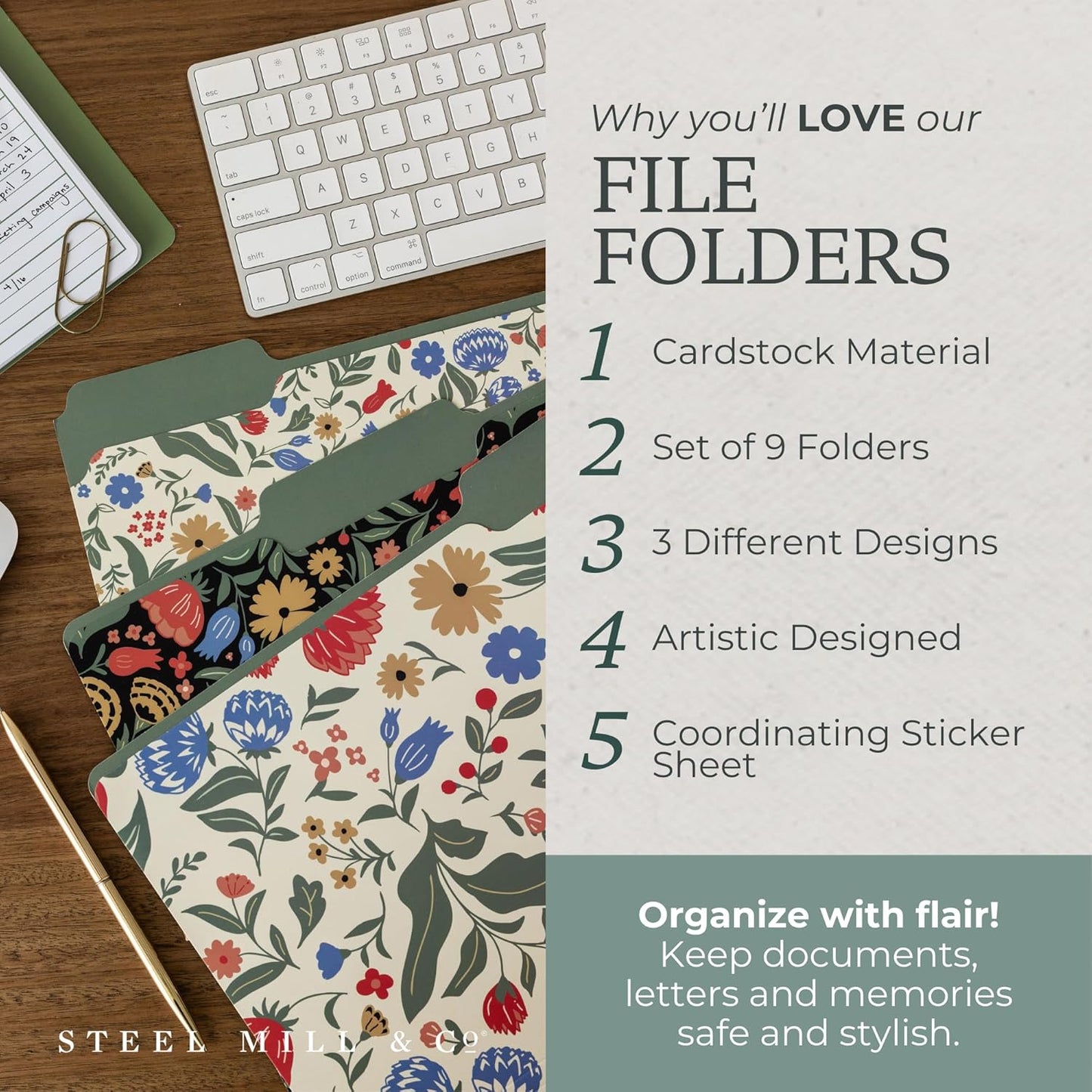Steel Mill & Co Cute File Folders, Set of 9, Document Organizer for Filing Cabinet, Decorative Letter Size Files, Wanderlust