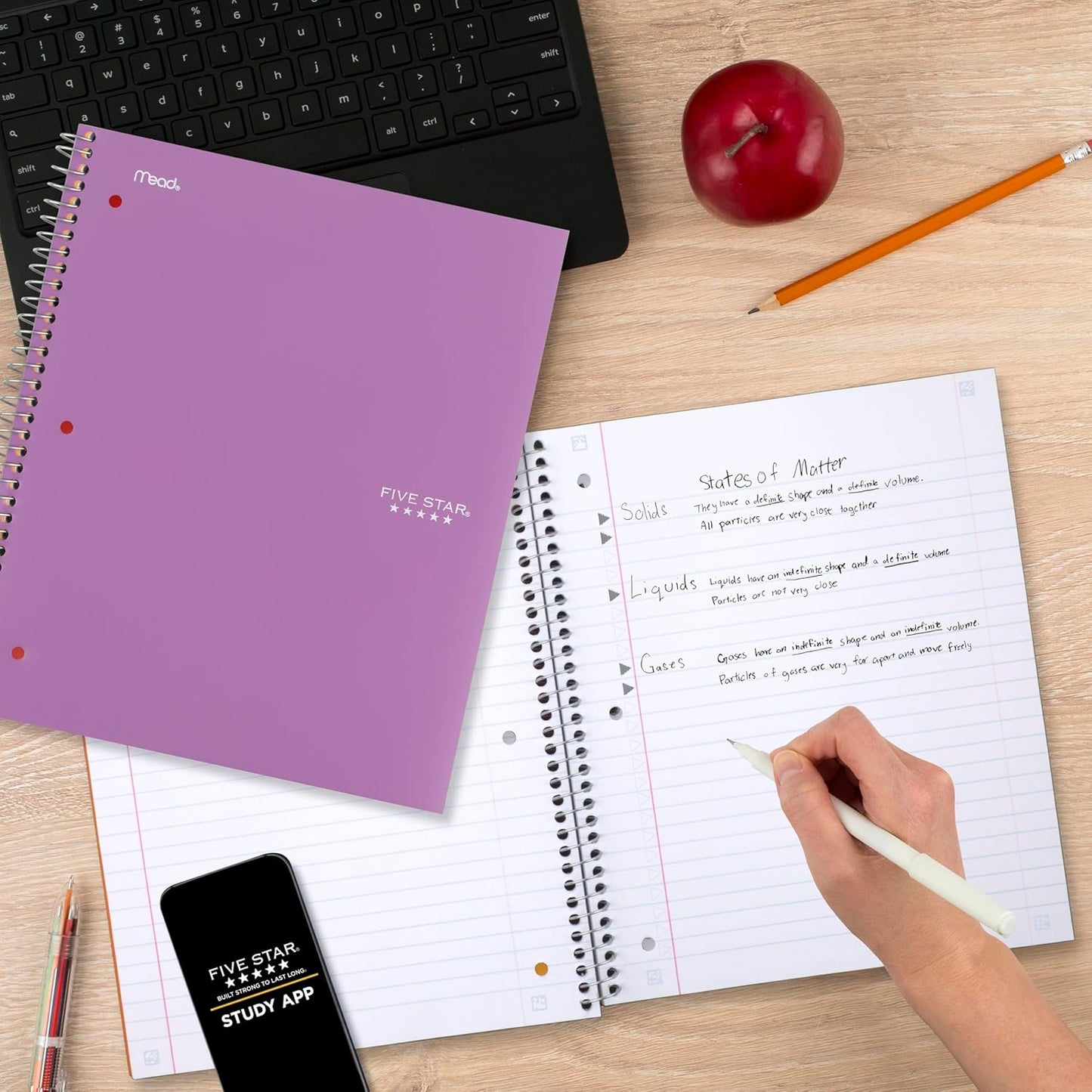 Five Star Spiral Notebook + Study App, 3 Subject, Wide Ruled Paper, 8" x 10-1/2", 150 Sheets, Fights Ink Bleed, Water Resistant Cover, Harvest Yellow (73463)