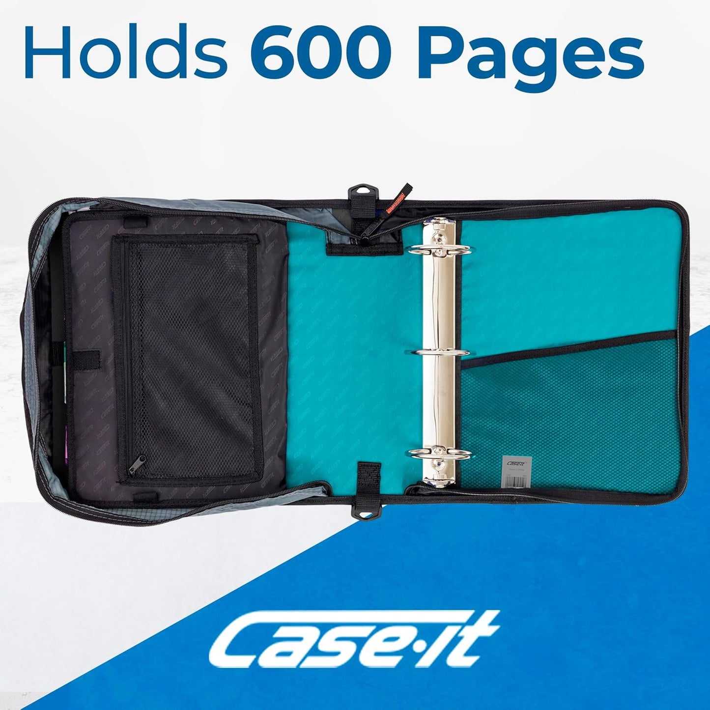 Case-it Mighty Zip Tab School Zipper Binder | 3-Inch O-Rings, 600-Sheet Capacity, 5-Subject Expanding File Folder, Multiple Pockets & Storage Organizer, Shoulder Strap | D-146 Jet Black