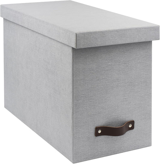 Bigso John Desktop File Box - Storage Solution and Document Organizer for Important Paperwork - Durable Hanging File Box with a Lid and Leather Handle - 7.36 in x 13.26 in x 10.51 in - Grey