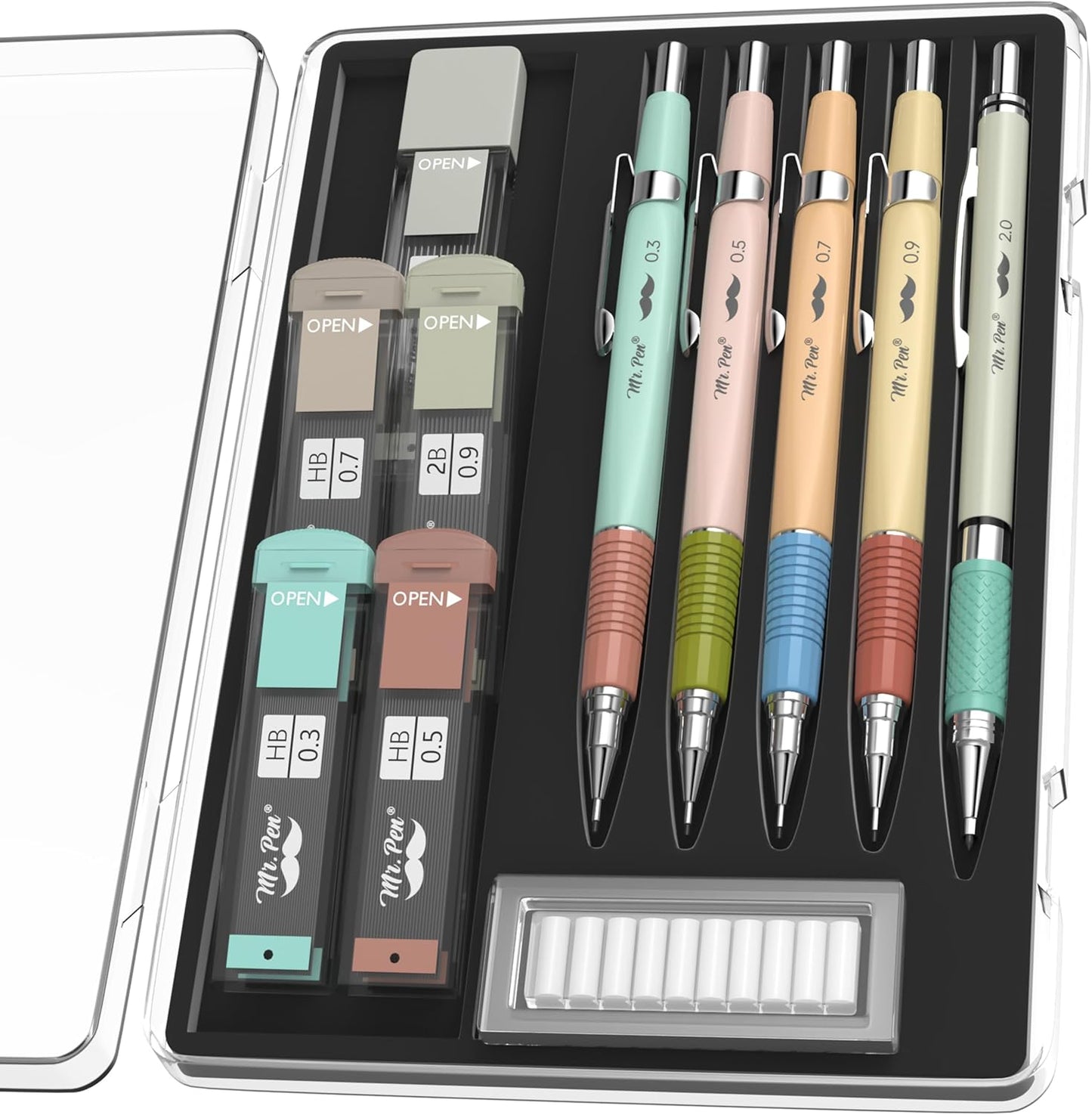 Mr. Pen- Art Mechanical Pencil Set, 5 Vintage Mechanical Pencils (0.3, 0.5, 0.7, 0.9, 2.0mm), 5 HB Lead Refills & 10 Eraser Refills, Precision Drawing Pencils for Sketching, Writing & Artwork