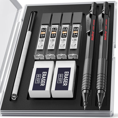 Nicpro 2 PCS Mechanical Pencils 0.5mm & 0.7 mm with Case, MP1000 Metal Artist Pencil Set with 4 Tubes HB Lead Refills, 2 Erasers, 9 Eraser Refills For Art Writing Drafting Drawing, Black & Silver