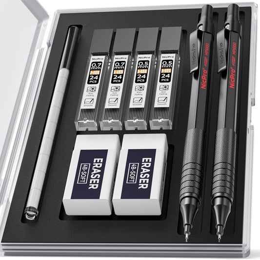 Nicpro 2 PCS Mechanical Pencils 0.5mm & 0.7 mm with Case, MP1000 Metal Artist Pencil Set with 4 Tubes HB Lead Refills, 2 Erasers, 9 Eraser Refills For Art Writing Drafting Drawing, Black & Silver