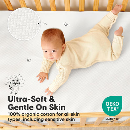 2-Pack Waterproof Crib Mattress Protector Cover Fitted - Quiet Baby Crib Mattress Pad Sheets, 52" x 28" Soft Quilted Cotton Baby Sheet, Machine Washable, Easy Fit, Durable (Soft White/Mavy)
