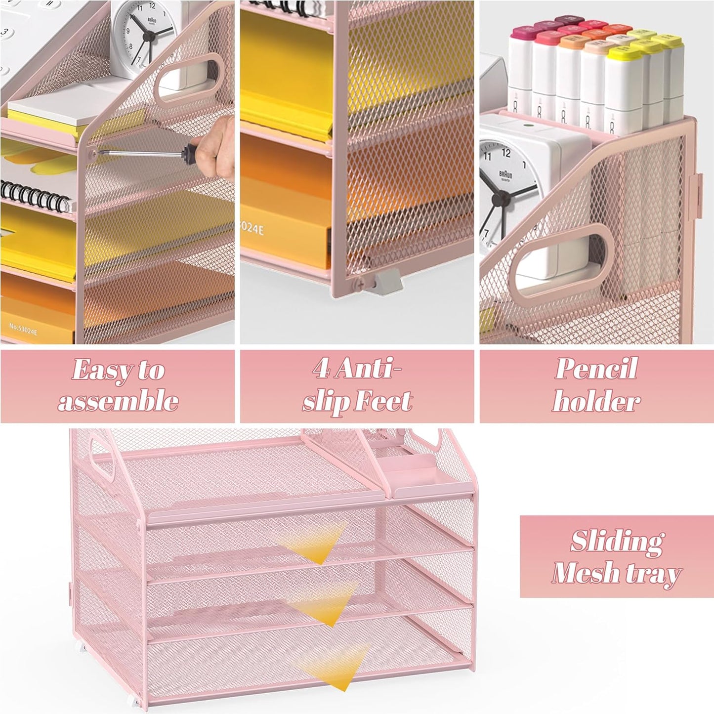 Letter Tray Paper, 4 Tier Desk Organizer with Pen Holder and Handle Mesh File Organizer Paper Sorter Metal Desktop Document Shelf for Office Home Classroom -Black