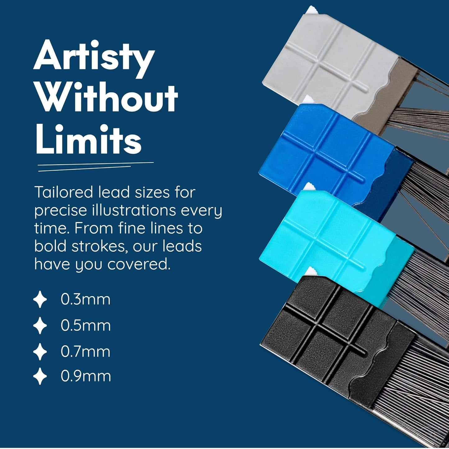 Mozart Essential Set of Lead Refills - 4 Sizes: 0.3, 0.5, 0.7 & 0.9 mm with 100 HB Lead Refills for Each - for Sketch, Architecture, Drafting, Art, Drawing Supplies, Metal Mechanical Pencils