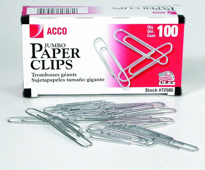 ACCO Paper Clips, Jumbo, Smooth, 100 Clips/Box, 1 Box (72580)