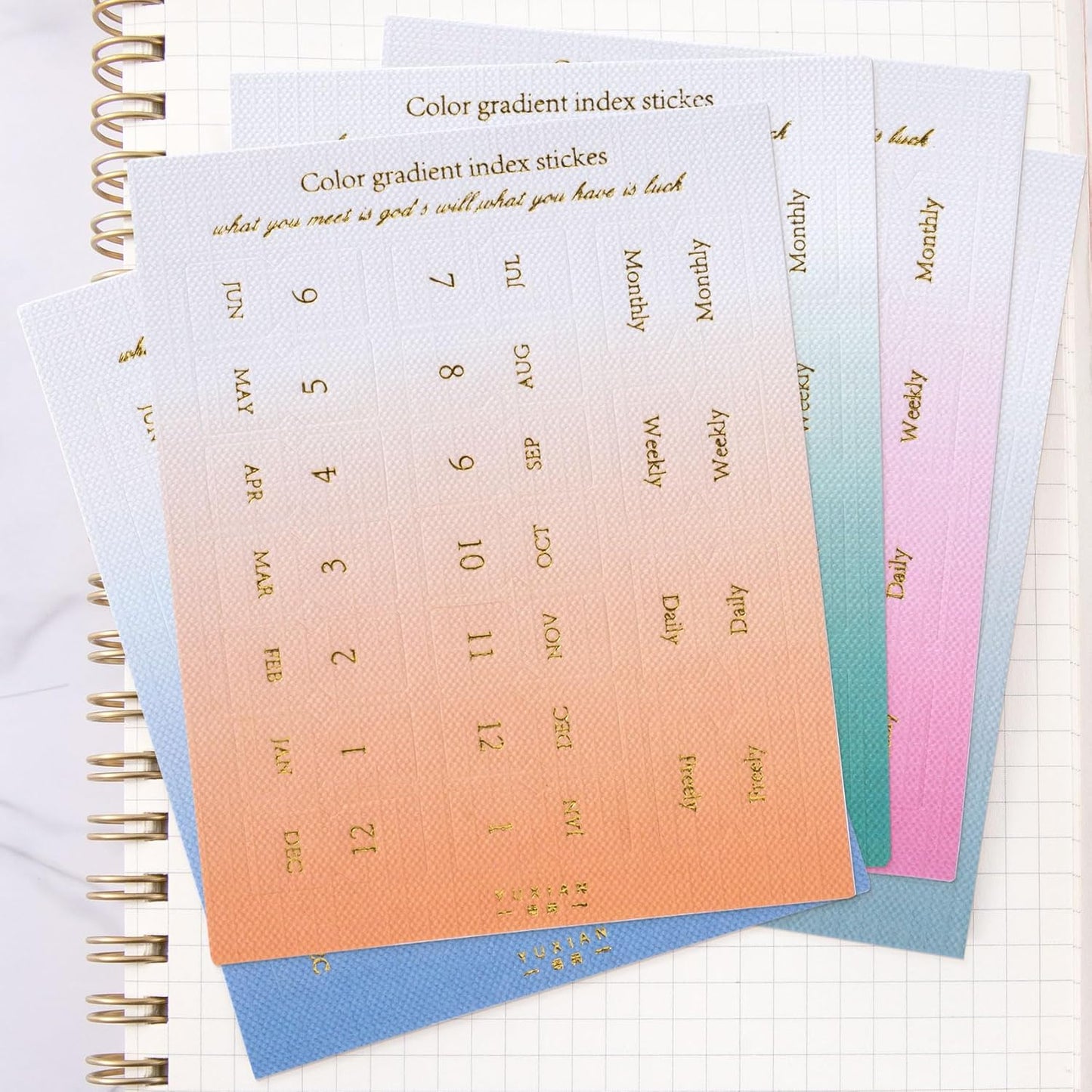 OIIKI 180pcs Planner Monthly Tabs, Self-Adhesive Index Tabs Stickers, Gradient Sticky Page Markers Labels for Document Notebooks Books Project Binders Office- 5 Colors(D Style)