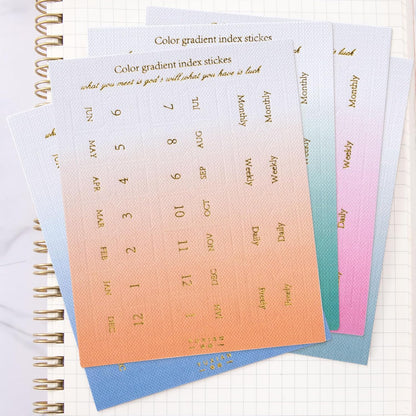 OIIKI 180pcs Planner Monthly Tabs, Self-Adhesive Index Tabs Stickers, Gradient Sticky Page Markers Labels for Document Notebooks Books Project Binders Office- 5 Colors(D Style)