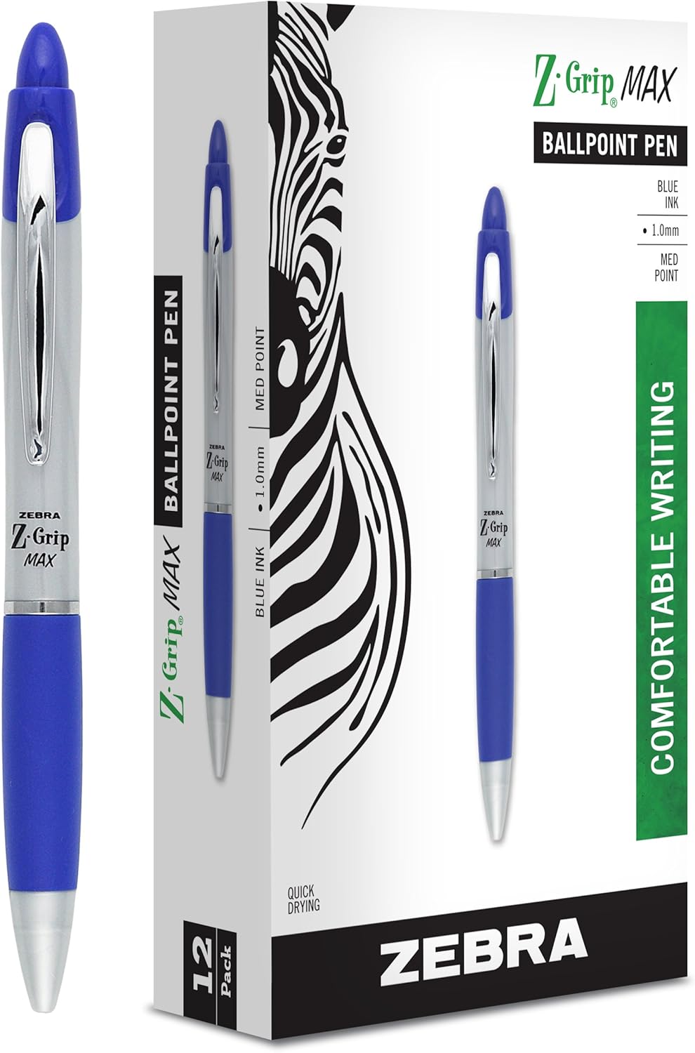 Zebra Pen, Z-Grip MAX Retractable Ballpoint Pens, Blue Ink, 1.0mm Medium Point, Wide Barrel with Comfortable Grip, Silver Barrel, Metal Clip, 12-Count, (22420)