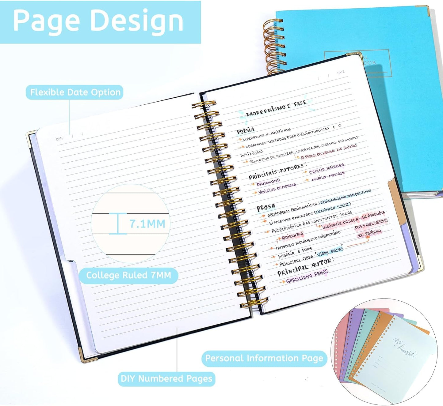 Hardcover Spiral Notebook with Tabs 8"x10" Large Spiral Lined Journals for Women with Dividers 240 Pages College Ruled Composition Notebook 5 Subject Notebook for Work, Back to School, Gifts, Purple