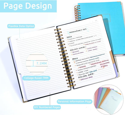 Hardcover Spiral Notebook with Tabs 8"x10" Large Spiral Lined Journals for Women with Dividers 240 Pages College Ruled Composition Notebook 5 Subject Notebook for Work, Back to School, Gifts, Purple