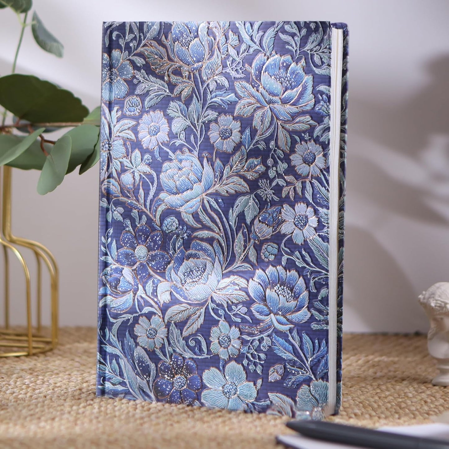 Hardcover Lined Journal - 224 Pages 100GSM Thick Paper A5 Notebook with Gilded Edges, Elegant Blue Damask Floral Pattern, Classic Aesthetic Diary for Women