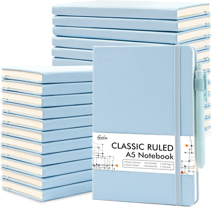 feela College Ruled Notebooks, 24 Pack Business Notebook Hardcover Lined Writing Journal with Pen Holder for Men Women Note Taking, with 24 Black Pens, 120 GSM, 5.1”x8.3”, A5, White
