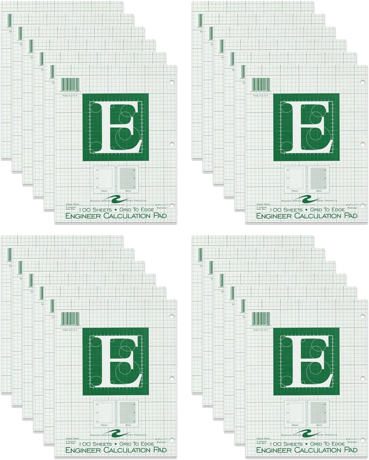 ROARING SPRING Graph Ruled Engineering Pad, Engineering Graph Paper Pad, 5x5 Enclosed Grid, 8.5" x 11", 100 Sheets, 3 Hole Punched, Buff Tinted Sheets, Made in USA