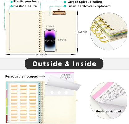 Ospelelf Foldable Spiral Clipboard Folio with Storage Zipper Pouch, 5 Plastic Folders with 10 Pockets,Refillable Lined Notepad (11" x 8.5"), Hardcover Project Organizer with 39 Stickers (Purple)