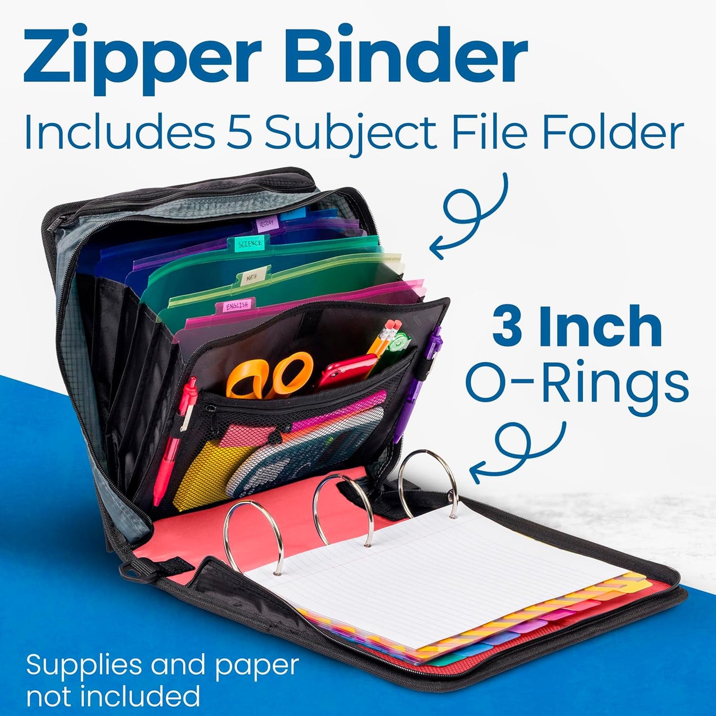 Case-it Mighty Zip Tab School Zipper Binder | 3-Inch O-Rings, 600-Sheet Capacity, 5-Subject Expanding File Folder, Multiple Pockets & Storage Organizer, Shoulder Strap | D-146 Jet Black